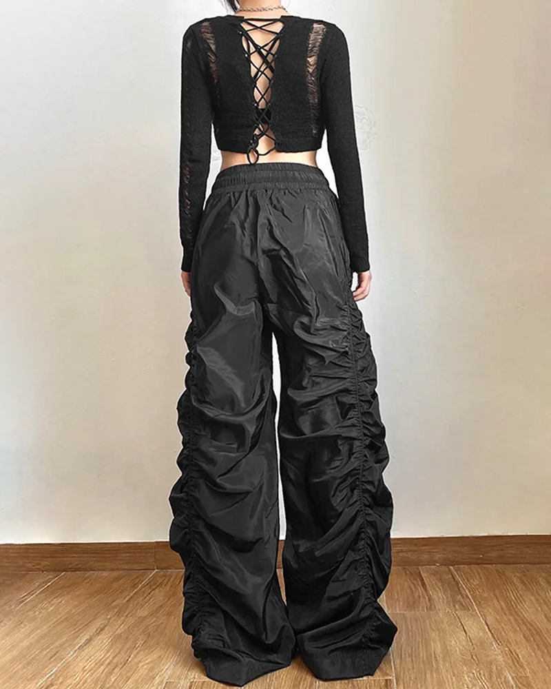 Y2K Grunge Black Parachute Pants - Retro 90s Fashion, Summer Y2K Outfits, Gothic Y2K Style