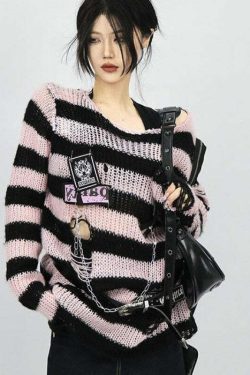 Y2K Grunge Black Pink Striped Sweater - Retro 90s Visual Kei Fashion for Summer Outfits