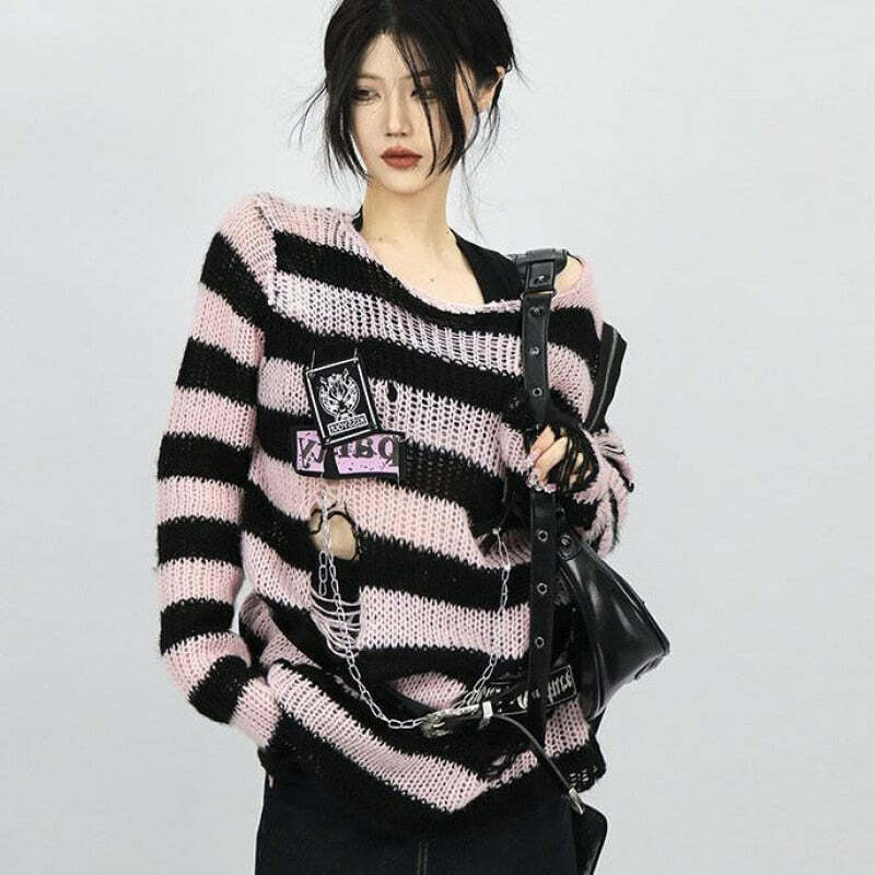 Y2K Grunge Black Pink Striped Sweater - Retro 90s Visual Kei Fashion for Summer Outfits