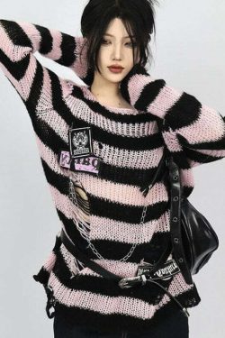 Y2K Grunge Black Pink Striped Sweater - Retro 90s Visual Kei Fashion for Summer Outfits