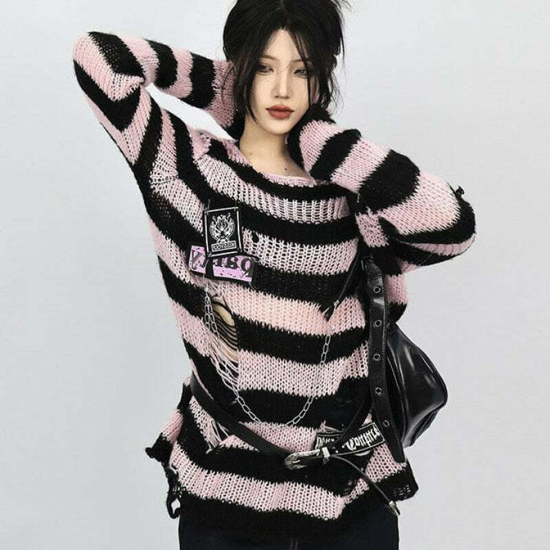 Y2K Grunge Black Pink Striped Sweater - Retro 90s Visual Kei Fashion for Summer Outfits