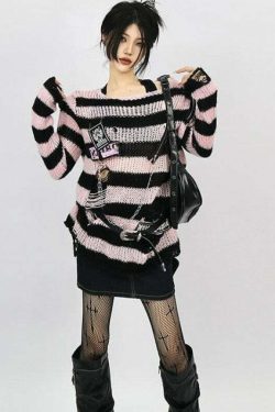 Y2K Grunge Black Pink Striped Sweater - Retro 90s Visual Kei Fashion for Summer Outfits