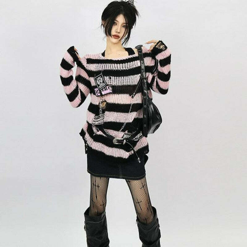 Y2K Grunge Black Pink Striped Sweater - Retro 90s Visual Kei Fashion for Summer Outfits