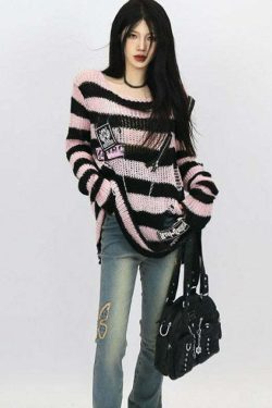 Y2K Grunge Black Pink Striped Sweater - Retro 90s Visual Kei Fashion for Summer Outfits