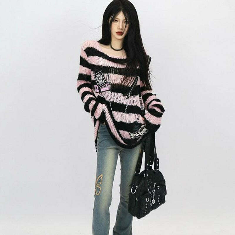 Y2K Grunge Black Pink Striped Sweater - Retro 90s Visual Kei Fashion for Summer Outfits