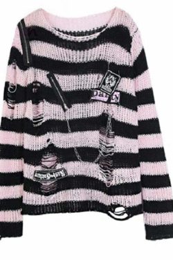 Y2K Grunge Black Pink Striped Sweater - Retro 90s Visual Kei Fashion for Summer Outfits