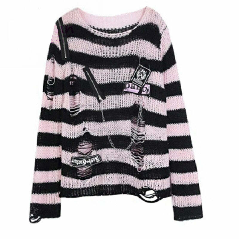 Y2K Grunge Black Pink Striped Sweater - Retro 90s Visual Kei Fashion for Summer Outfits