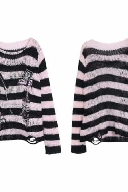 Y2K Grunge Black Pink Striped Sweater - Retro 90s Visual Kei Fashion for Summer Outfits