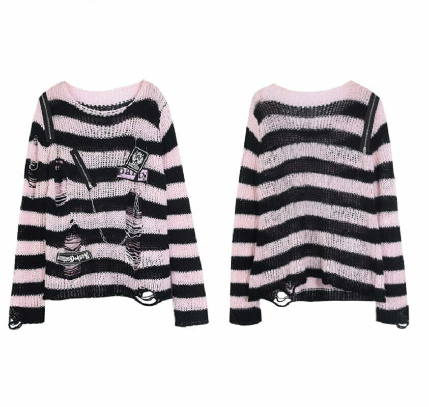 Y2K Grunge Black Pink Striped Sweater - Retro 90s Visual Kei Fashion for Summer Outfits