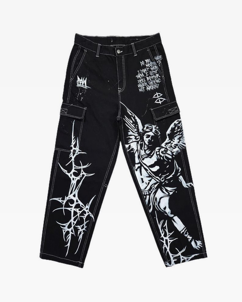 Y2K Grunge Black Print Jeans - Retro 90s Fashion, Summer Y2K Outfits, Gothic Y2K Style