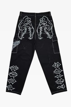 Y2K Grunge Black Print Jeans - Retro 90s Fashion, Summer Y2K Outfits, Gothic Y2K Style