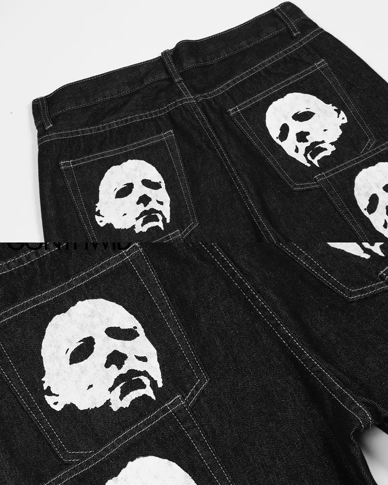 Y2K Grunge Black Printed Jeans - Retro 90s Fashion, Summer Y2K Outfits, Gothic Y2K Style
