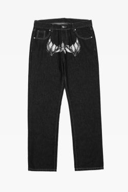 Y2K Grunge Black Printed Jeans - Retro 90s Fashion, Summer Y2K Outfits, Gothic Y2K Style