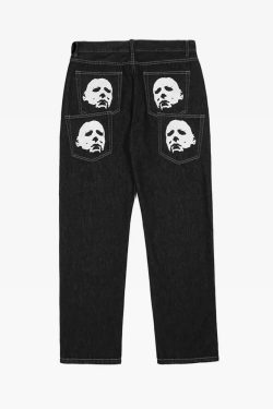 Y2K Grunge Black Printed Jeans - Retro 90s Fashion, Summer Y2K Outfits, Gothic Y2K Style