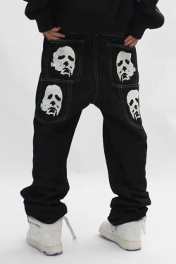Y2K Grunge Black Printed Jeans - Retro 90s Fashion, Summer Y2K Outfits, Gothic Y2K Style
