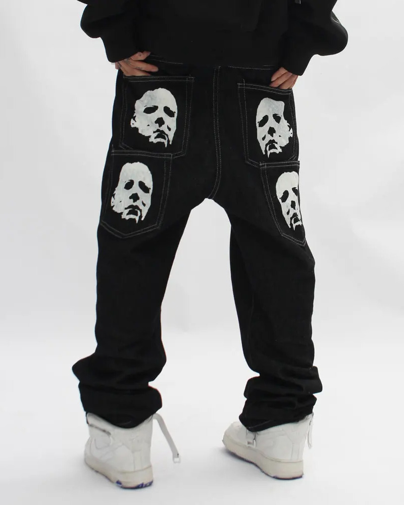 Y2K Grunge Black Printed Jeans - Retro 90s Fashion, Summer Y2K Outfits, Gothic Y2K Style