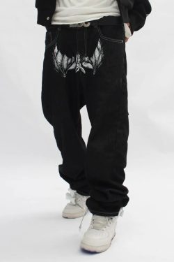 Y2K Grunge Black Printed Jeans - Retro 90s Fashion, Summer Y2K Outfits, Gothic Y2K Style