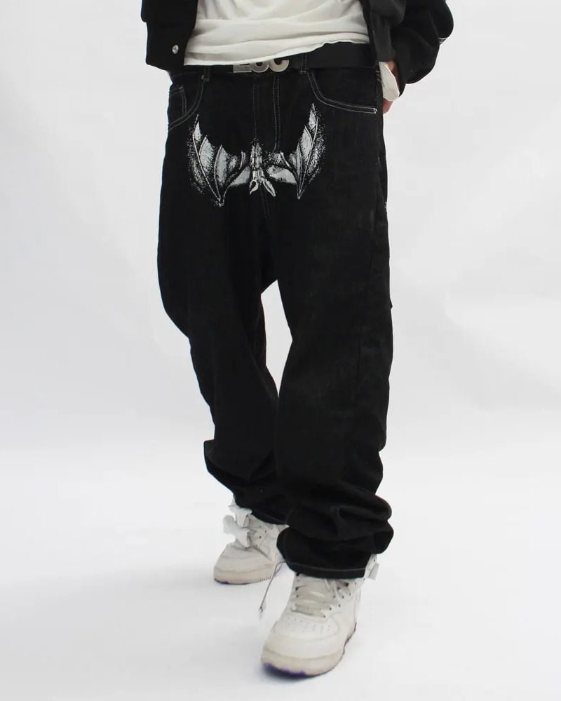 Y2K Grunge Black Printed Jeans - Retro 90s Fashion, Summer Y2K Outfits, Gothic Y2K Style