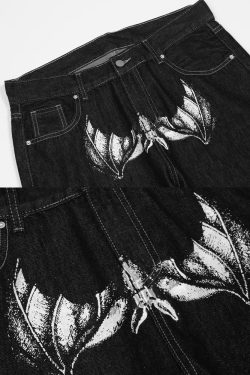 Y2K Grunge Black Printed Jeans - Retro 90s Fashion, Summer Y2K Outfits, Gothic Y2K Style