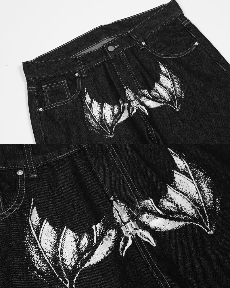 Y2K Grunge Black Printed Jeans - Retro 90s Fashion, Summer Y2K Outfits, Gothic Y2K Style