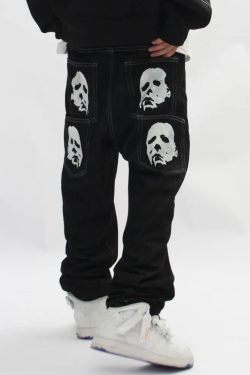 Y2K Grunge Black Printed Jeans - Retro 90s Fashion, Summer Y2K Outfits, Gothic Y2K Style