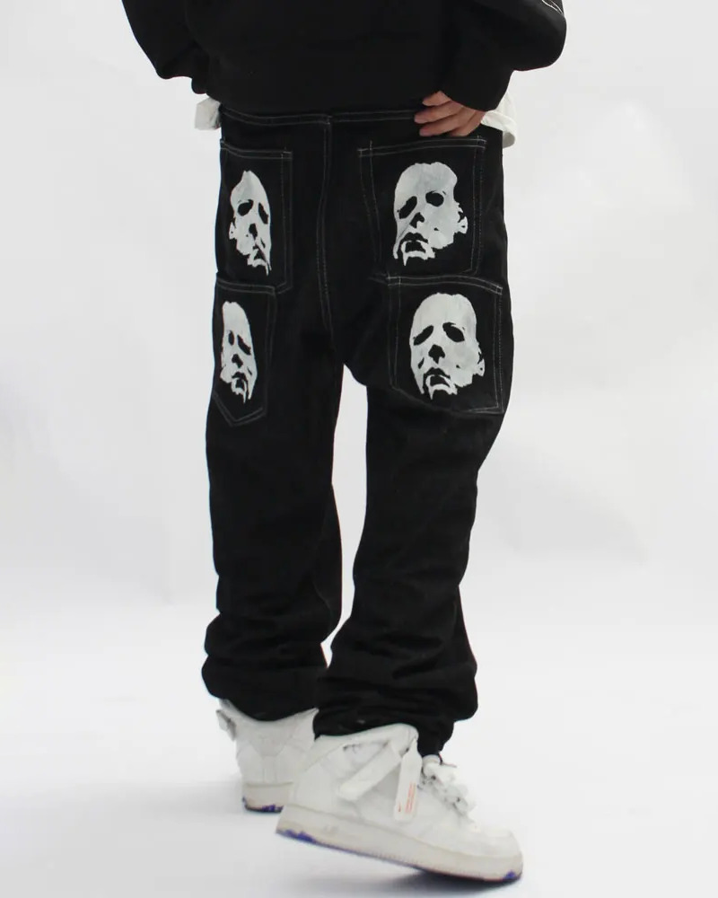 Y2K Grunge Black Printed Jeans - Retro 90s Fashion, Summer Y2K Outfits, Gothic Y2K Style