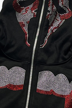 Y2K Grunge Black Rhinestone Hoodie - Retro 90s Fashion, Summer Y2K Outfits, Gothic Y2K Style