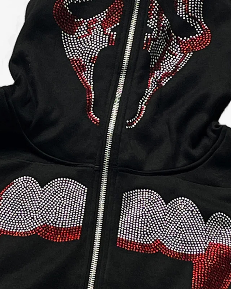 Y2K Grunge Black Rhinestone Hoodie - Retro 90s Fashion, Summer Y2K Outfits, Gothic Y2K Style