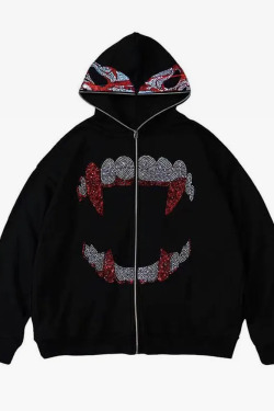 Y2K Grunge Black Rhinestone Hoodie - Retro 90s Fashion, Summer Y2K Outfits, Gothic Y2K Style