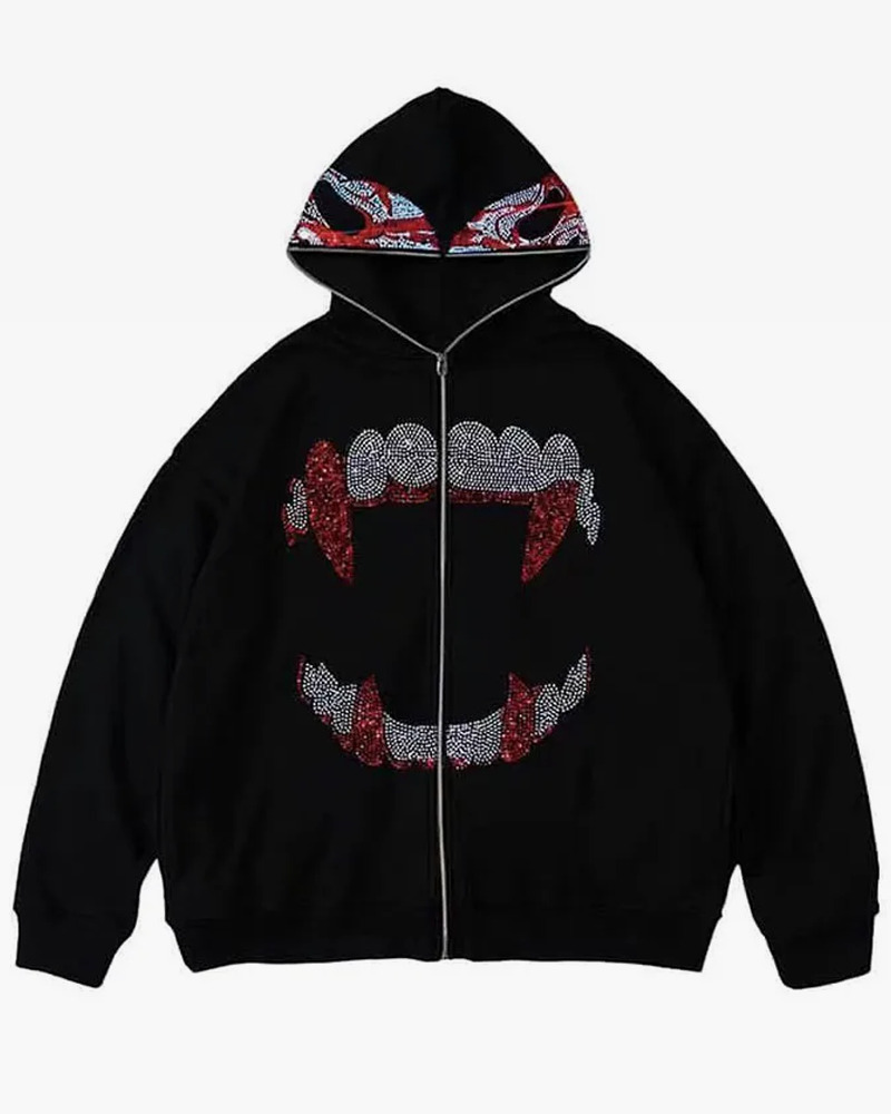 Y2K Grunge Black Rhinestone Hoodie - Retro 90s Fashion, Summer Y2K Outfits, Gothic Y2K Style