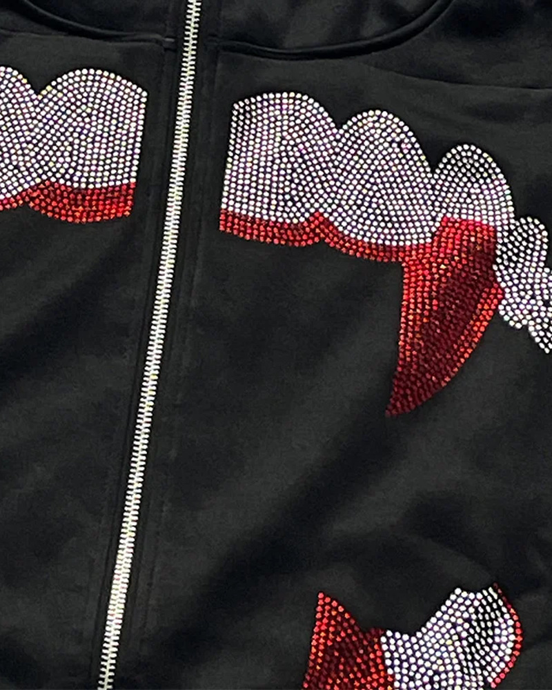 Y2K Grunge Black Rhinestone Hoodie - Retro 90s Fashion, Summer Y2K Outfits, Gothic Y2K Style