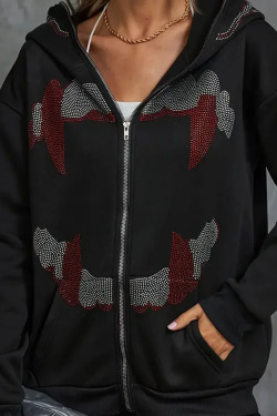 Y2K Grunge Black Rhinestone Hoodie - Retro 90s Fashion, Summer Y2K Outfits, Gothic Y2K Style