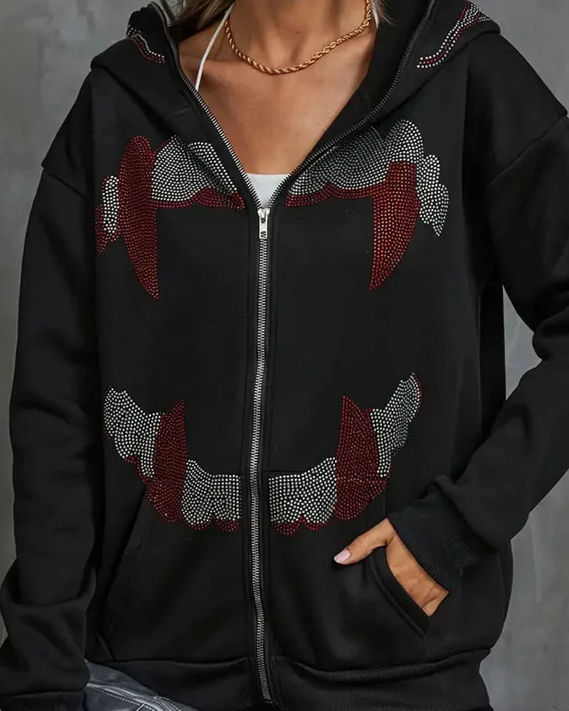 Y2K Grunge Black Rhinestone Hoodie - Retro 90s Fashion, Summer Y2K Outfits, Gothic Y2K Style