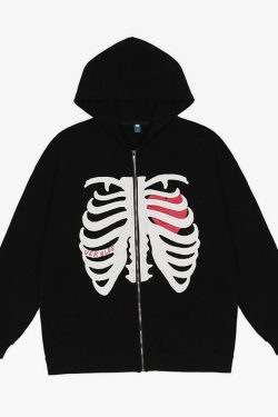 Y2K Grunge Black Skeleton Hoodie - Retro 90s Fashion, Gothic Y2K, Summer Y2K Outfits