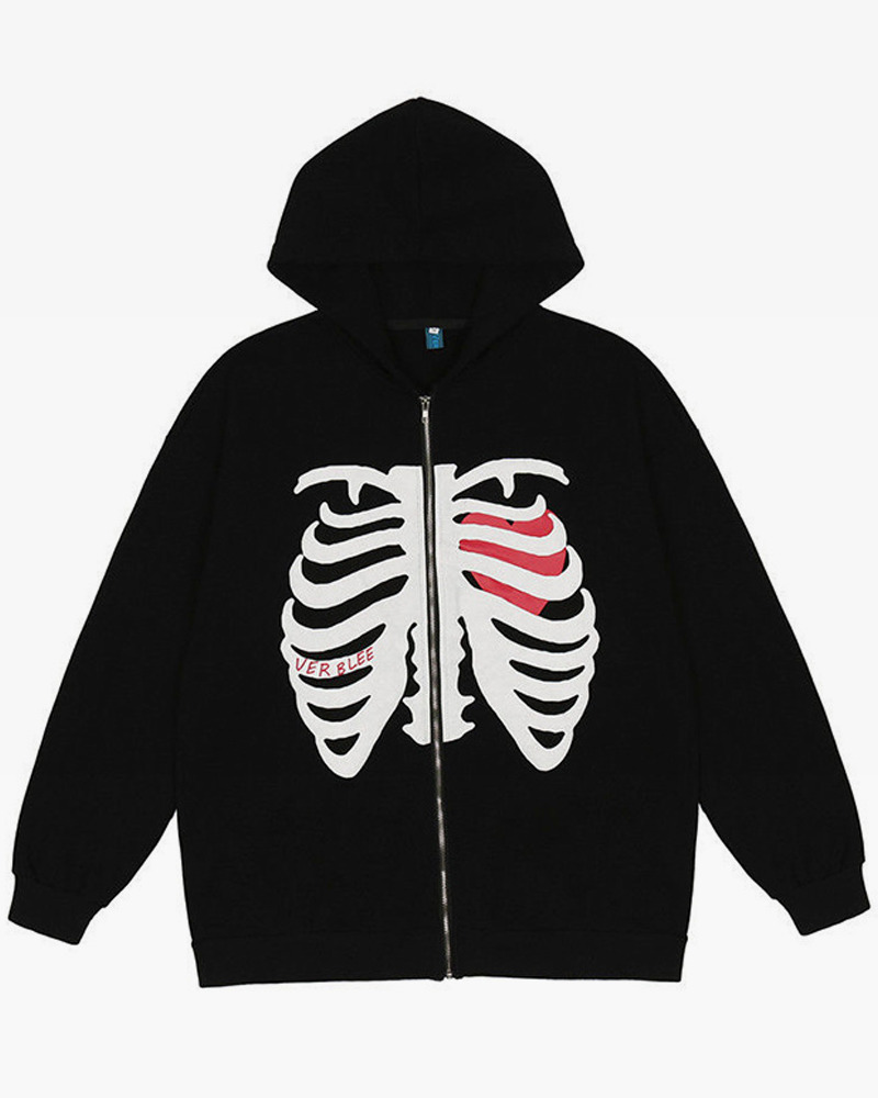 Y2K Grunge Black Skeleton Hoodie - Retro 90s Fashion, Gothic Y2K, Summer Y2K Outfits