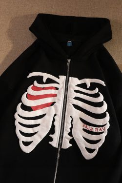 Y2K Grunge Black Skeleton Hoodie - Retro 90s Fashion, Gothic Y2K, Summer Y2K Outfits