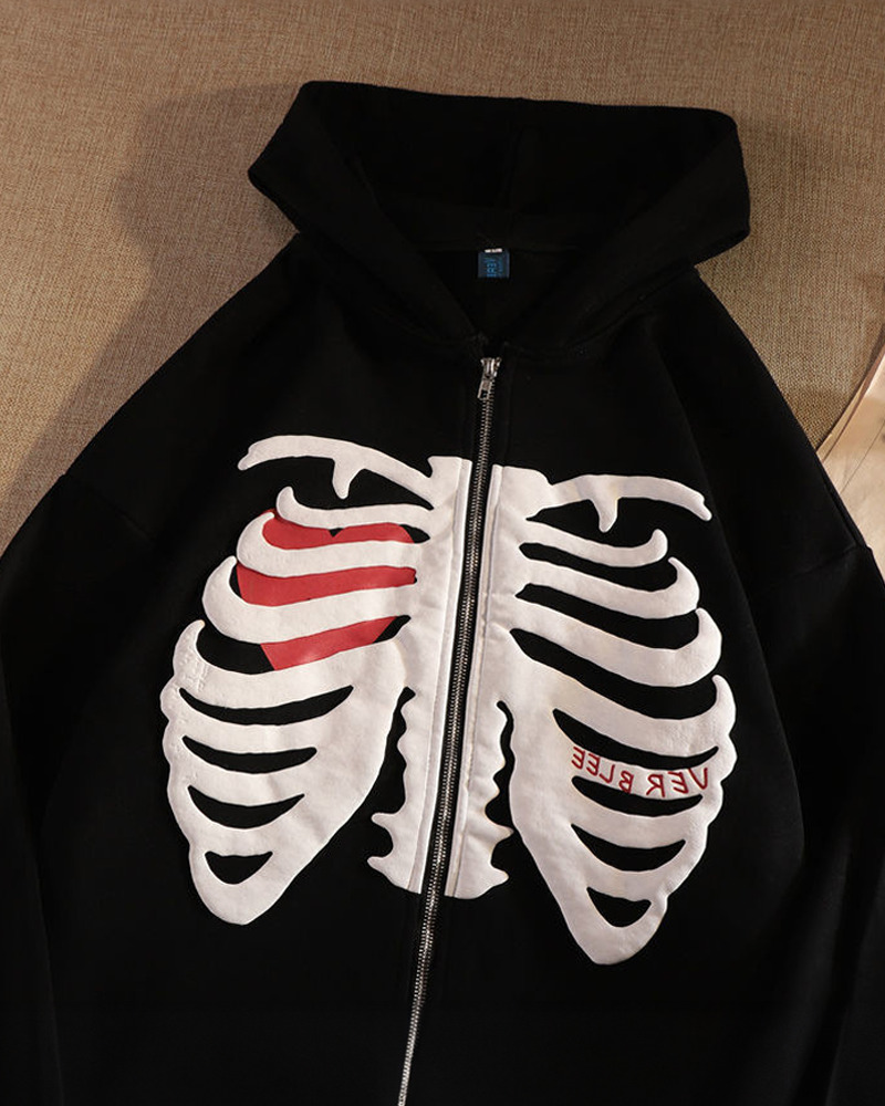 Y2K Grunge Black Skeleton Hoodie - Retro 90s Fashion, Gothic Y2K, Summer Y2K Outfits