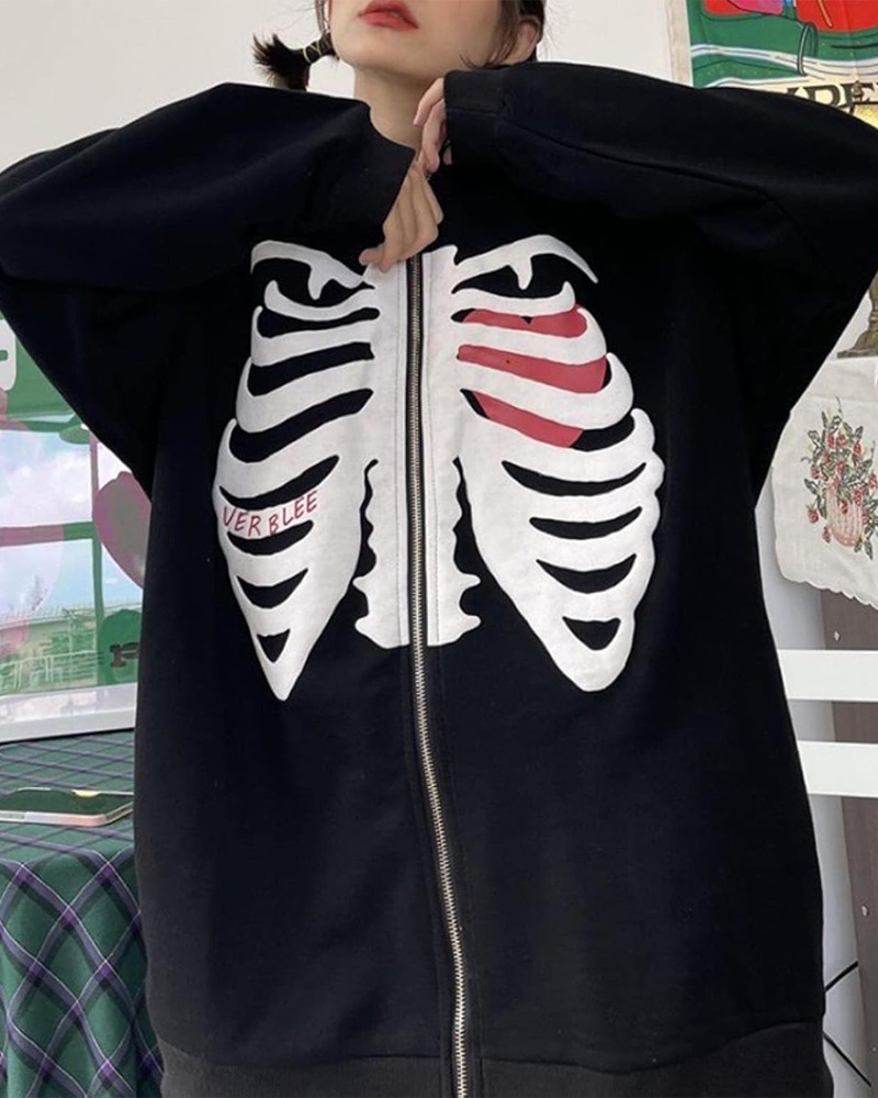 Y2K Grunge Black Skeleton Hoodie - Retro 90s Fashion, Gothic Y2K, Summer Y2K Outfits