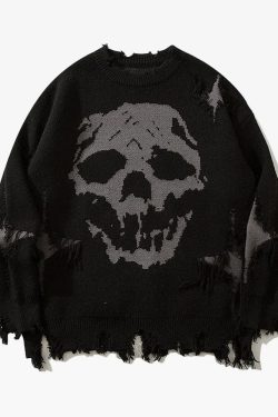 Y2K Grunge Black Skull Sweater - Retro 90s Fashion, Gothic Y2K, Summer Y2K Outfits