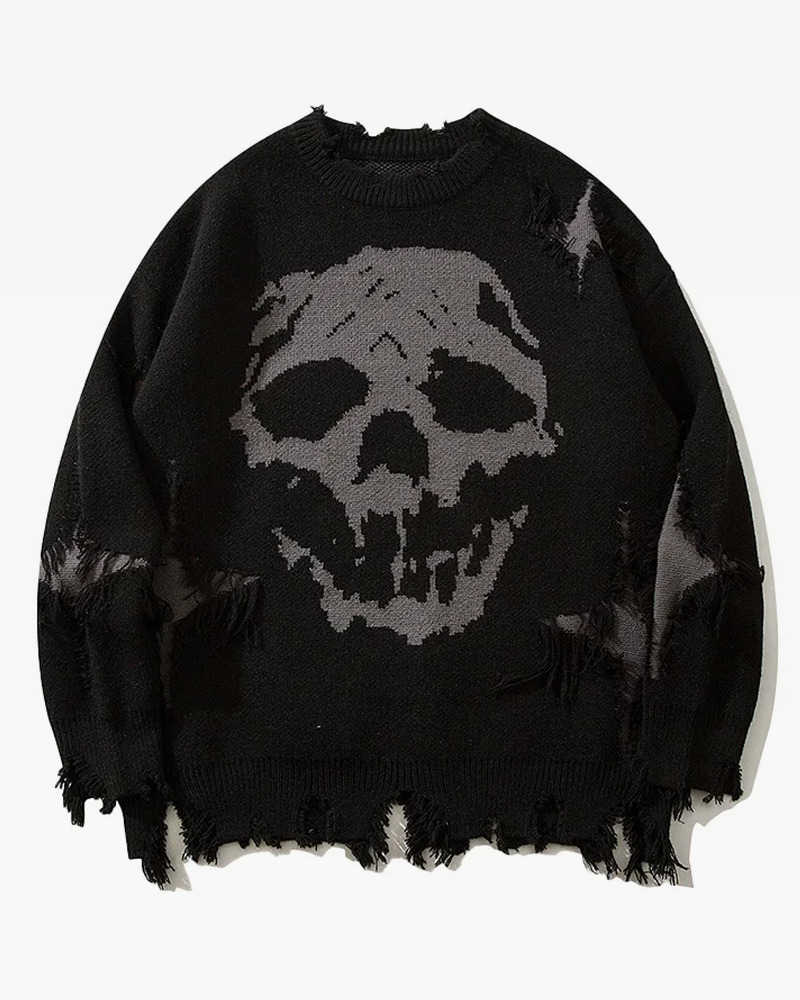 Y2K Grunge Black Skull Sweater - Retro 90s Fashion, Gothic Y2K, Summer Y2K Outfits