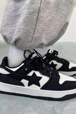 Y2K Grunge Black Star Sneakers - Retro 90s Hip Hop Fashion, Perfect for Y2K Summer Outfits