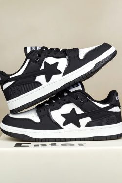 Y2K Grunge Black Star Sneakers - Retro 90s Hip Hop Fashion, Perfect for Y2K Summer Outfits