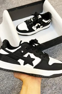 Y2K Grunge Black Star Sneakers - Retro 90s Hip Hop Fashion, Perfect for Y2K Summer Outfits