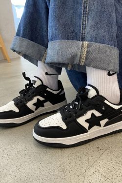 Y2K Grunge Black Star Sneakers - Retro 90s Hip Hop Fashion, Perfect for Y2K Summer Outfits