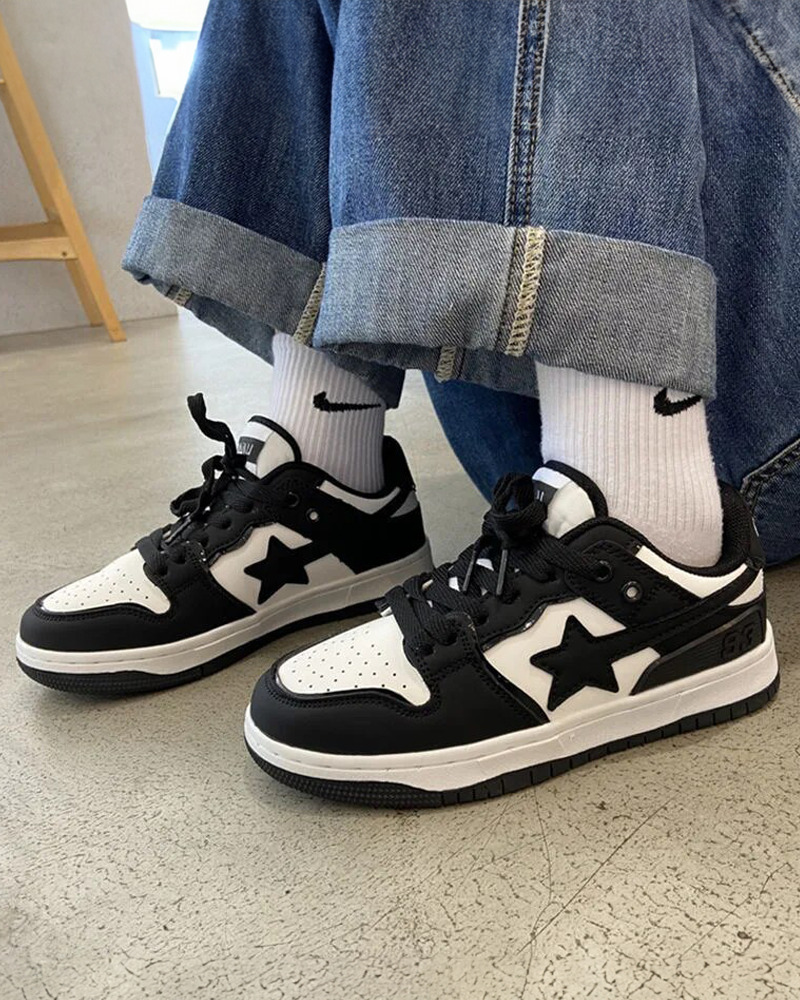Y2K Grunge Black Star Sneakers - Retro 90s Hip Hop Fashion, Perfect for Y2K Summer Outfits