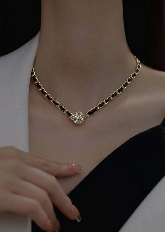 Y2K Grunge Black Sterling Silver Zircon Chain Necklace - Retro 90s Fashion & Gothic Style