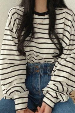 Y2K Grunge Black Striped Long-Sleeved Shirt - Retro 90s Fashion, Summer Y2K Outfits
