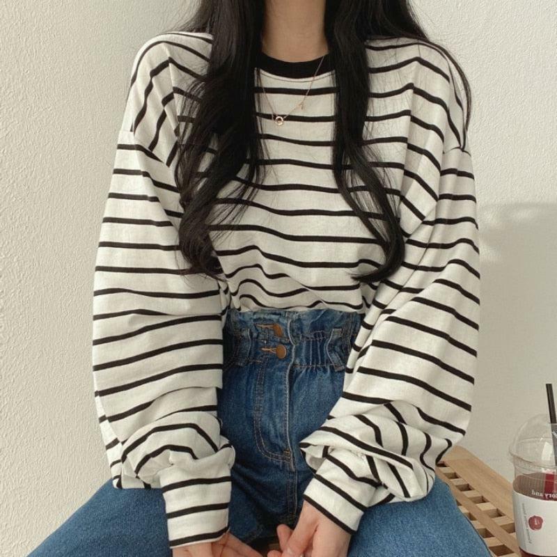 Y2K Grunge Black Striped Long-Sleeved Shirt - Retro 90s Fashion, Summer Y2K Outfits