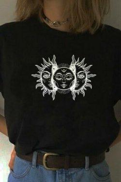 Y2K Grunge Black Sun and Moon Shirt - 90s Retro Summer Outfit, Gothic Y2K Fashion