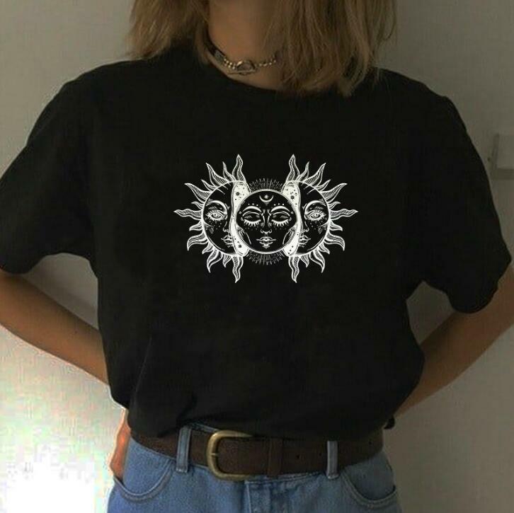 Y2K Grunge Black Sun and Moon Shirt - 90s Retro Summer Outfit, Gothic Y2K Fashion